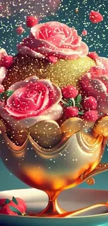 Elegant fantasy wallpaper with roses in a gold cup.