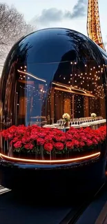 Luxurious gondola with red roses at night.