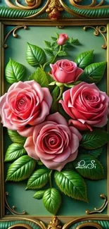 Elegant rose floral art in ornate frame.