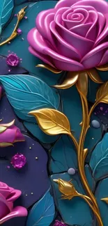 Elegant rose design with gold leaves.