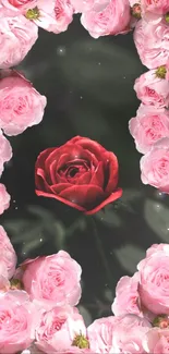 Red rose surrounded by pink roses in elegant phone wallpaper.