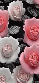 Elegant pink and white rose floral wallpaper with detailed leaves.