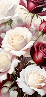 Elegant wallpaper with red and white roses.