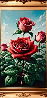 Vibrant red roses in an ornate gold frame, perfect for mobile wallpaper.