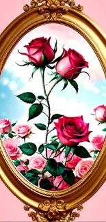 Elegant mobile wallpaper featuring roses in a golden frame.