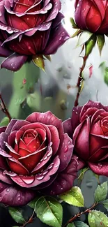 Vibrant purple roses with raindrops on mobile wallpaper, elegant and artistic.