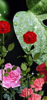 A serene wallpaper of red and pink roses with dewy green leaves.