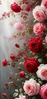 Elegant red and pink roses wallpaper with green leaves.