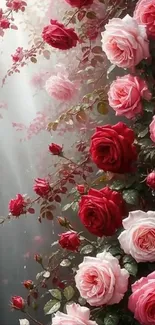 Elegant mobile wallpaper of a vibrant rose garden in pink and red hues.