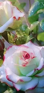 Elegant roses with dewdrops and lush green leaves enhancing a phone screen.