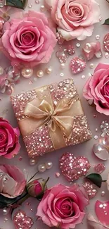 Pink roses and a sparkling gift box wallpaper
