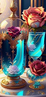 Beautiful ornate roses in glass art wallpaper.