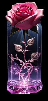 Pink rose in glass sculpture on black background.