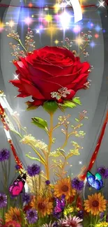 Red rose enclosed in a glass with butterflies and colorful flowers on a phone wallpaper.