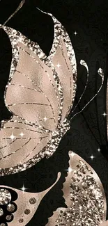 Elegant rose gold butterfly wallpaper with dark background.