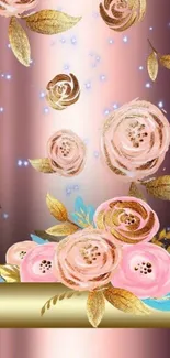 Rose gold floral wallpaper with pink roses and golden leaves.