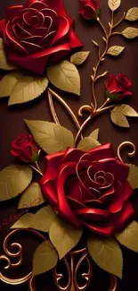 Elegant wallpaper with red roses and gold accents on a dark background.