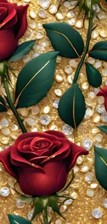 Elegant red roses on a gold and pearl background wallpaper.