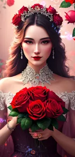 Elegant gothic woman with roses in hair and bouquet in hands.