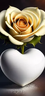 Yellow rose on a white heart with a dark background wallpaper.