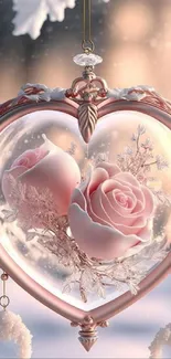 Elegant heart-shaped ornament holding pink roses in a frosty, winter-themed setting.