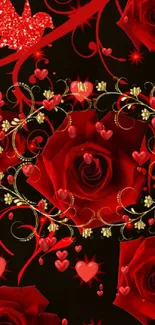 Red roses and heart motifs on a floral mobile wallpaper.