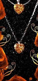 Elegant wallpaper with orange roses and a sparkling heart pendant on a black background.