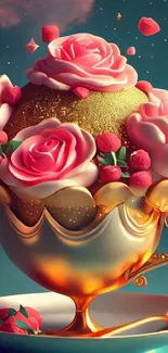 Luxurious gold ice cream with pink roses against a teal background.