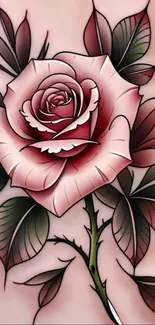 Illustrated rose with leaves on wallpaper