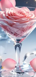 Pink rose in crystal glass with diamond accents.