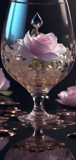 Mobile wallpaper featuring a pink rose in a crystal glass on a dark background.