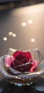 Red rose in translucent shell with golden dew in soft light.