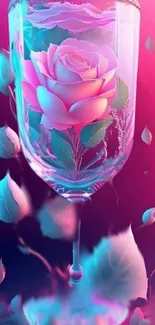 Elegant rose art in a glass with vibrant pink and cyan hues, enhancing visual appeal.