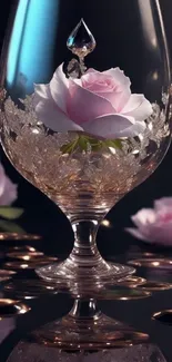 Elegant rose inside a glass with delicate lace patterns on dark background.