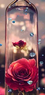 Rose enclosed in glass vase with a dreamy, blurred background.