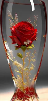 A beautiful red rose in a glass vase with gold accents on a digital wallpaper.