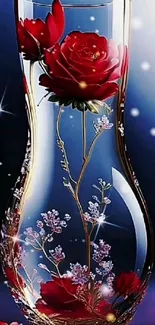 Elegant red rose in a glass vase wallpaper with sparkling accents.