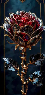 Elegant red rose with gold accents and frame.