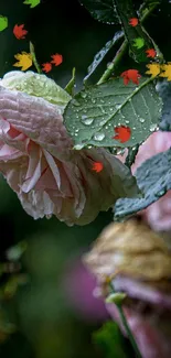 A pink rose with morning dew against a lush green backdrop.