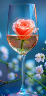 A rose submerged in wine glass with flowers.