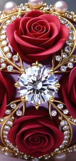 Elegant wallpaper featuring roses and jewels with intricate detailing.