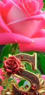 Pink rose with decorative letter S wallpaper.