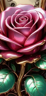 Metallic rose with green leaves wallpaper.