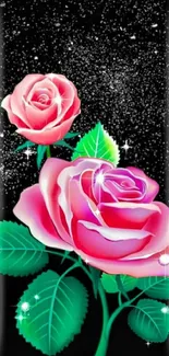 Elegant mobile wallpaper with pink roses on a black background.