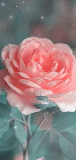 Mobile wallpaper featuring a pink rose and green leaves in a soft focus style.