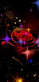 Elegant red rose on dark background with golden sparkles.