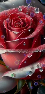 Red rose with dewdrops wallpaper on a dark background.