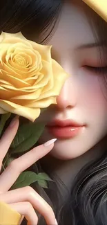 Close-up of a serene face with a yellow rose, artistic mobile wallpaper.