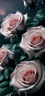 Elegant dark-themed wallpaper with pink roses and green leaves, perfect for floral aesthetics.