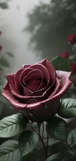 Burgundy rose with green leaves in a misty background.